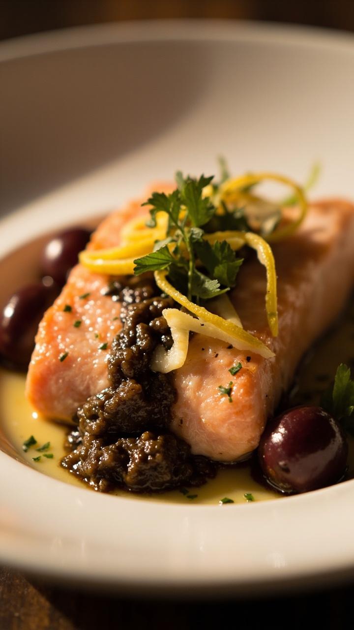 A salmon filet with a dark olive tapenade filling visible through the center, garnished with thin lemon strips and a sprinkle of chopped parsley. Plate on a shallow white bowl with a few kalamata olives on the rim. A salmon filet with a dark olive tapenade filling visible through the center, garnished with thin lemon strips and a sprinkle of chopped parsley. Plate on a shallow white bowl with a few kalamata olives on the rim.