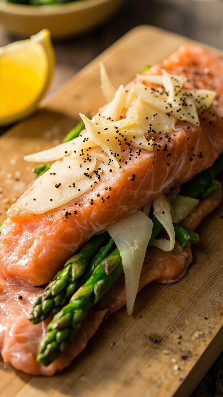 A salmon filet stuffed with bright green asparagus tips and thin grated pale yellow Parmesan. A light sprinkle of grated Parmesan and cracked black pepper on top. Plate on a light wooden board with a lemon wedge. A salmon filet stuffed with bright green asparagus tips and thin grated pale yellow Parmesan. A light sprinkle of grated Parmesan and cracked black pepper on top. Plate on a light wooden board with a lemon wedge.
