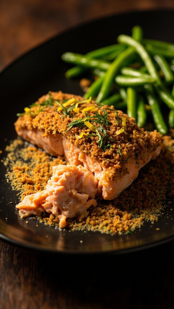 A salmon filet with a golden herb breadcrumb crust spilling from the center pocket. Visible flecks of green herbs and bright yellow lemon zest on top. Plate on a matte black plate with a small pile of steamed green beans. A salmon filet with a golden herb breadcrumb crust spilling from the center pocket. Visible flecks of green herbs and bright yellow lemon zest on top. Plate on a matte black plate with a small pile of steamed green beans.