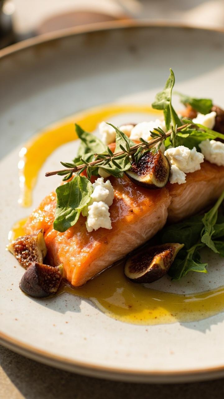 A salmon filet with creamy white goat cheese and dark fig pieces visible in the center, topped with a few arugula leaves. Plate on a light ceramic plate with a drizzle of honey around the fish and a sprig of thyme. A salmon filet with creamy white goat cheese and dark fig pieces visible in the center, topped with a few arugula leaves. Plate on a light ceramic plate with a drizzle of honey around the fish and a sprig of thyme.