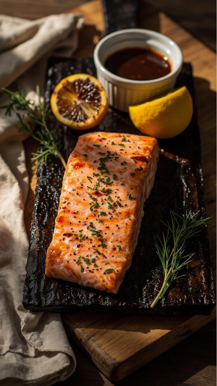 A whole salmon fillet on a charred cedar plank resting on a wooden board with a sprinkle of chopped dill, two grilled lemon halves with browned edges, a small ramekin of extra glaze, and a faded linen napkin A whole salmon fillet on a charred cedar plank resting on a wooden board with a sprinkle of chopped dill, two grilled lemon halves with browned edges, a small ramekin of extra glaze, and a faded linen napkin