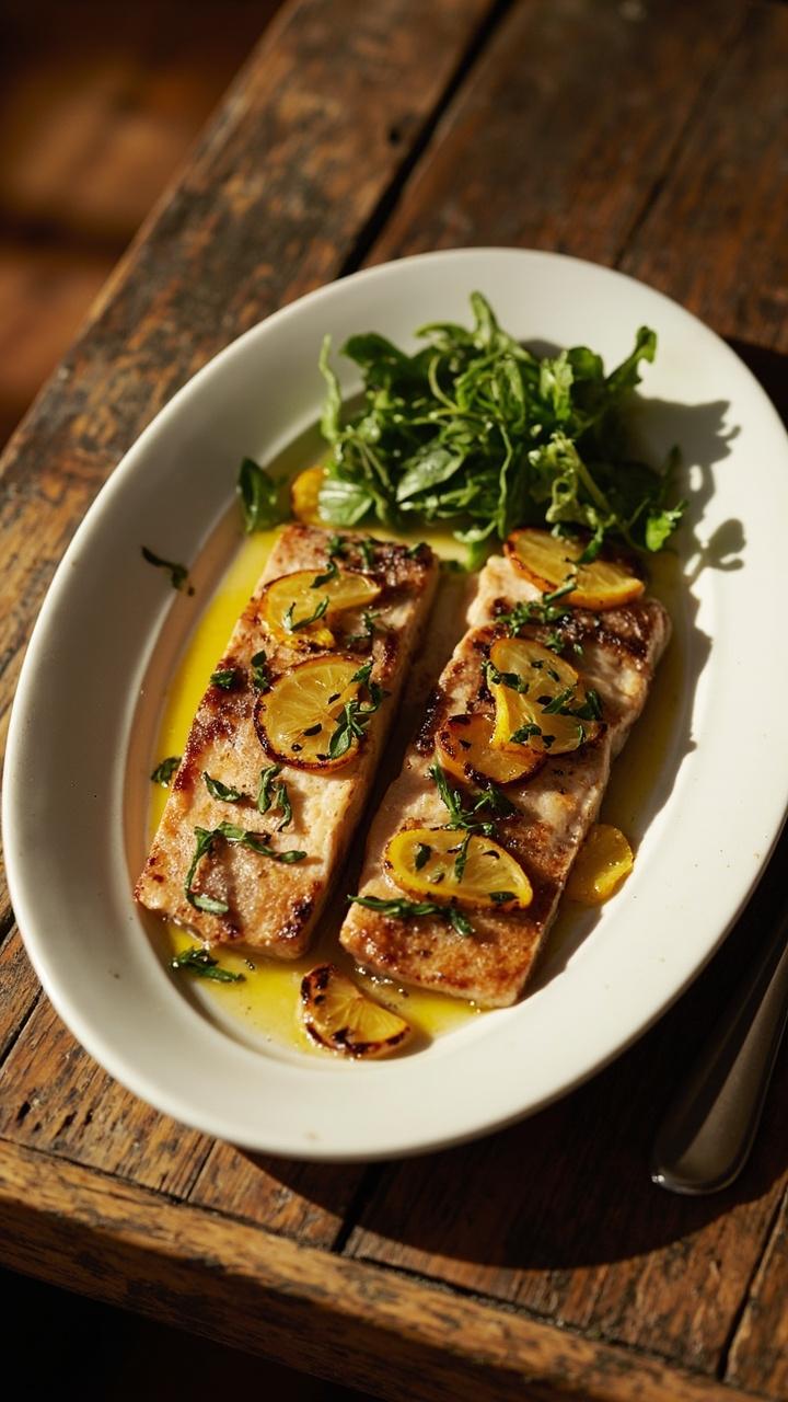 Two golden brown trout fillets with charred edges on a white oval plate topped with scattered thyme sprigs, roasted lemon slices with char marks, a small pile of arugula dressed lightly, and a wooden table surface Two golden brown trout fillets with charred edges on a white oval plate topped with scattered thyme sprigs, roasted lemon slices with char marks, a small pile of arugula dressed lightly, and a wooden table surface