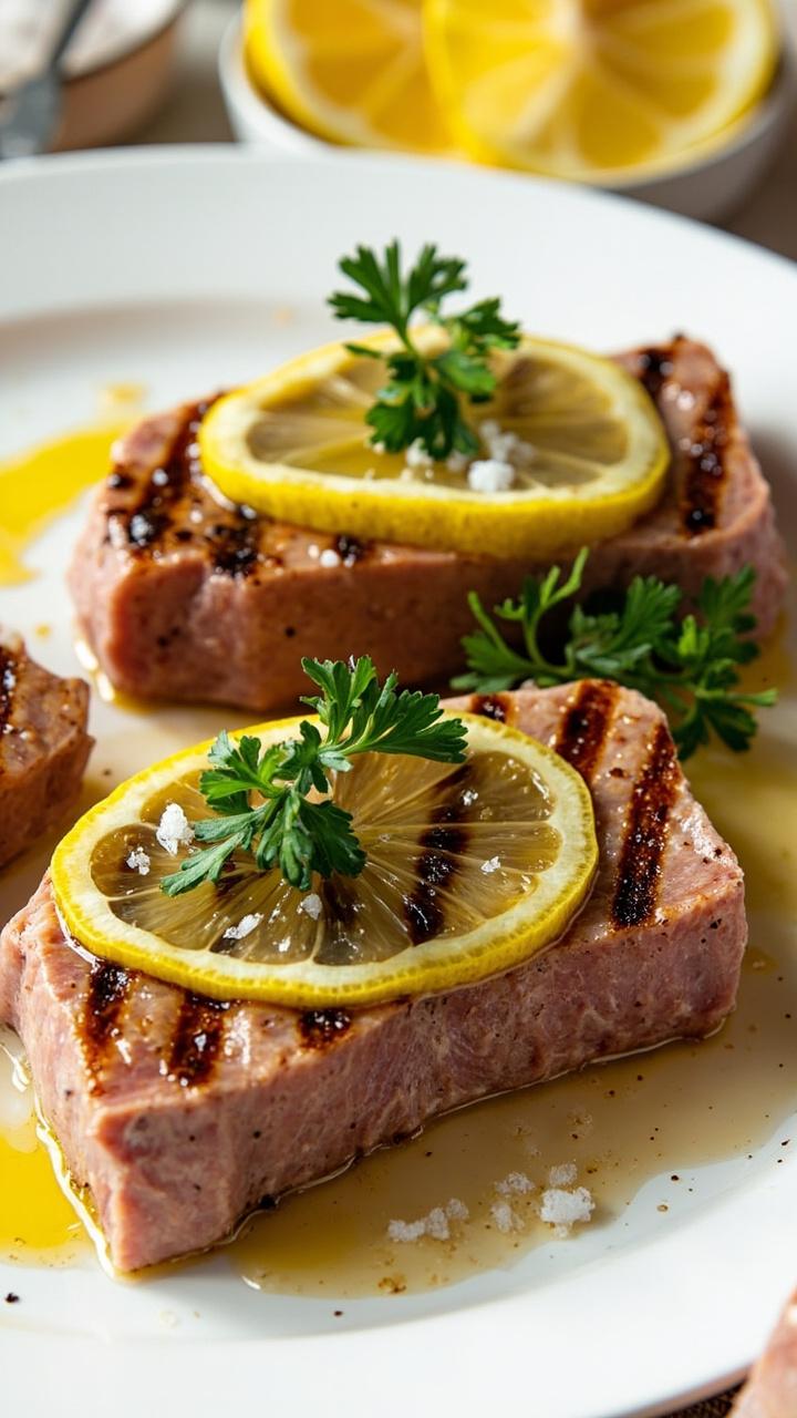 Two thick tuna steaks with dark grill marks, garnished with lemon slices and fresh parsley, plated on a simple white platter with a small dish of extra lemon wedges on the side. A drizzle of olive oil glistens on top and some flaky sea salt is visible. Two thick tuna steaks with dark grill marks, garnished with lemon slices and fresh parsley, plated on a simple white platter with a small dish of extra lemon wedges on the side. A drizzle of olive oil glistens on top and some flaky sea salt is visible.