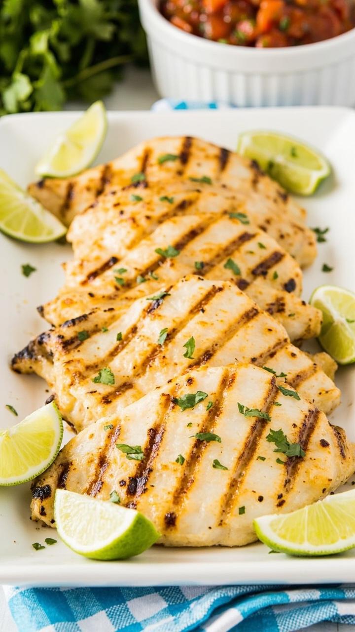 Four lightly charred tilapia fillets stacked on a bright serving plate, lime wedges scattered around, a small bowl of salsa roja, and a blue checked napkin Four lightly charred tilapia fillets stacked on a bright serving plate, lime wedges scattered around, a small bowl of salsa roja, and a blue checked napkin