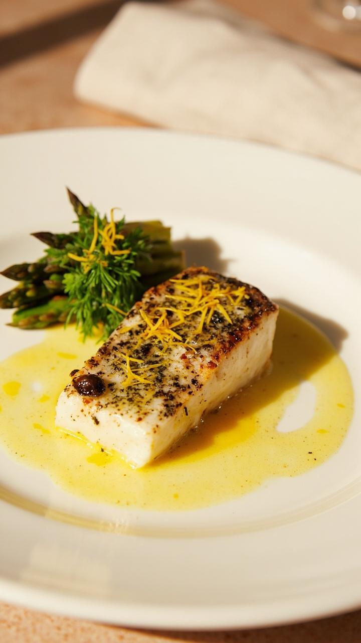 A single seared sea bass fillet on a white plate topped with melted herb butter, a small mound of grilled asparagus, lemon zest sprinkled, and a linen napkin A single seared sea bass fillet on a white plate topped with melted herb butter, a small mound of grilled asparagus, lemon zest sprinkled, and a linen napkin