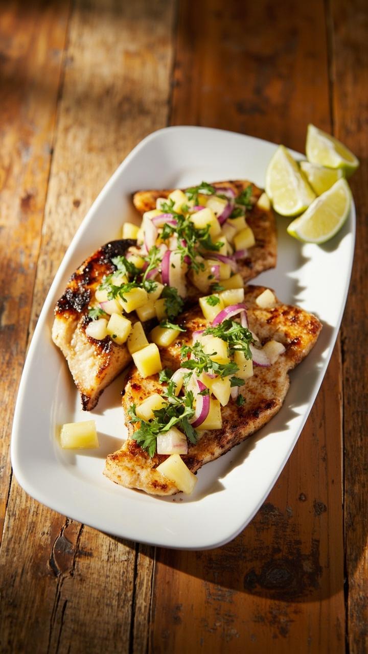 Two mahi mahi fillets with light char on a white platter topped with colorful pineapple salsa made of diced pineapple red onion and cilantro, lime wedges on the side, and a rustic wooden table Two mahi mahi fillets with light char on a white platter topped with colorful pineapple salsa made of diced pineapple red onion and cilantro, lime wedges on the side, and a rustic wooden table