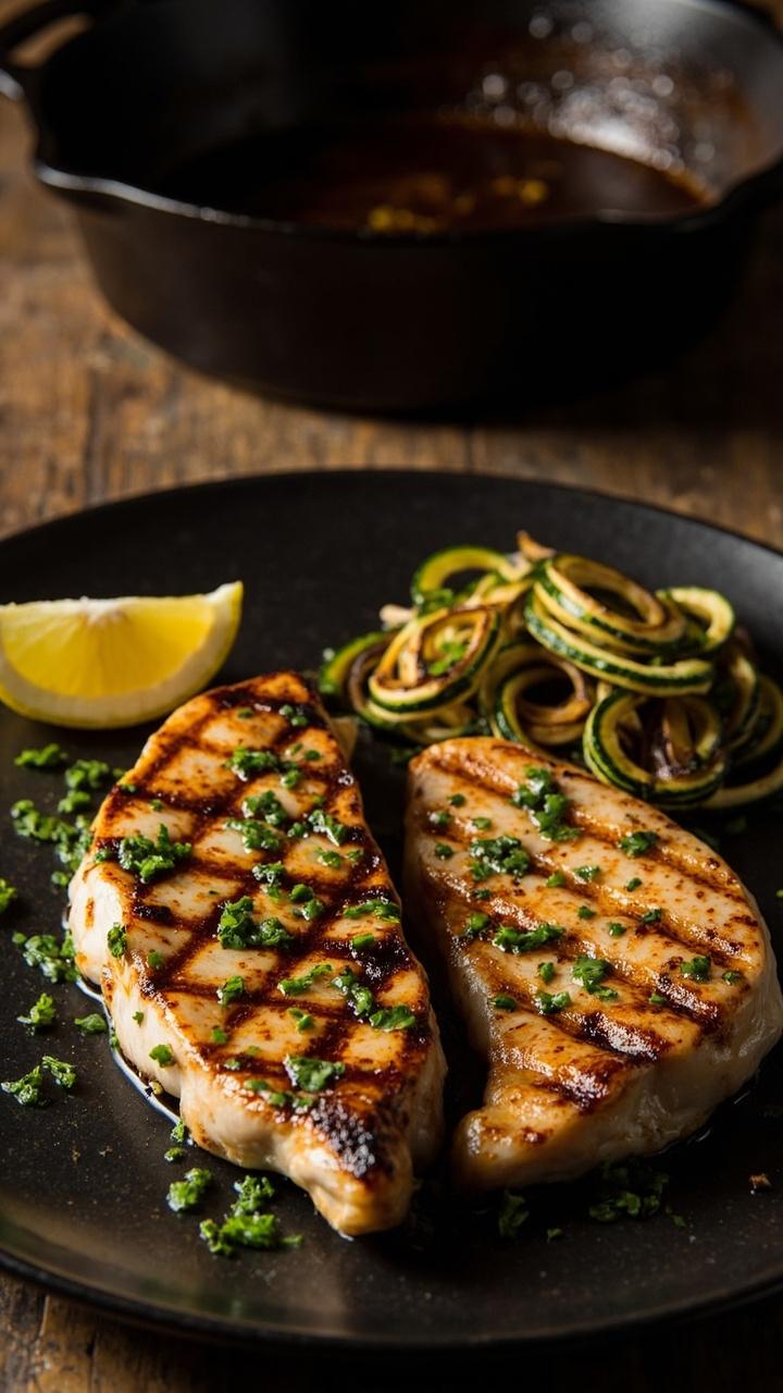 Two charred swordfish steaks on a dark plate topped with chopped garlic parsley sauce, lemon wedges beside them, a small pile of grilled zucchini ribbons, and a cast iron skillet in the background Two charred swordfish steaks on a dark plate topped with chopped garlic parsley sauce, lemon wedges beside them, a small pile of grilled zucchini ribbons, and a cast iron skillet in the background