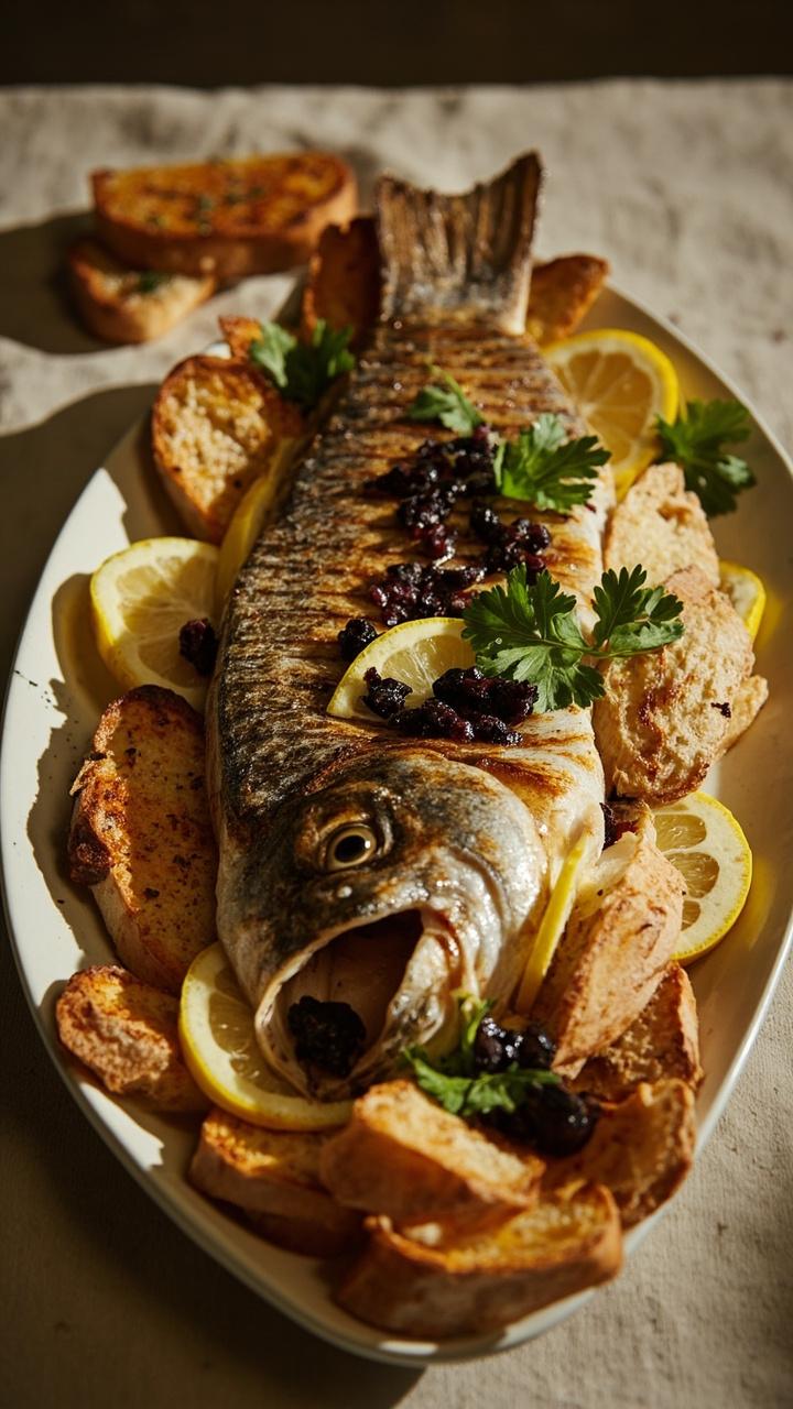 A whole grilled branzino with crisp skin on a long platter, lemon slices tucked in the cavity, a scattering of chopped kalamata olives and parsley on top, and a loaf of crusty bread sliced nearby A whole grilled branzino with crisp skin on a long platter, lemon slices tucked in the cavity, a scattering of chopped kalamata olives and parsley on top, and a loaf of crusty bread sliced nearby