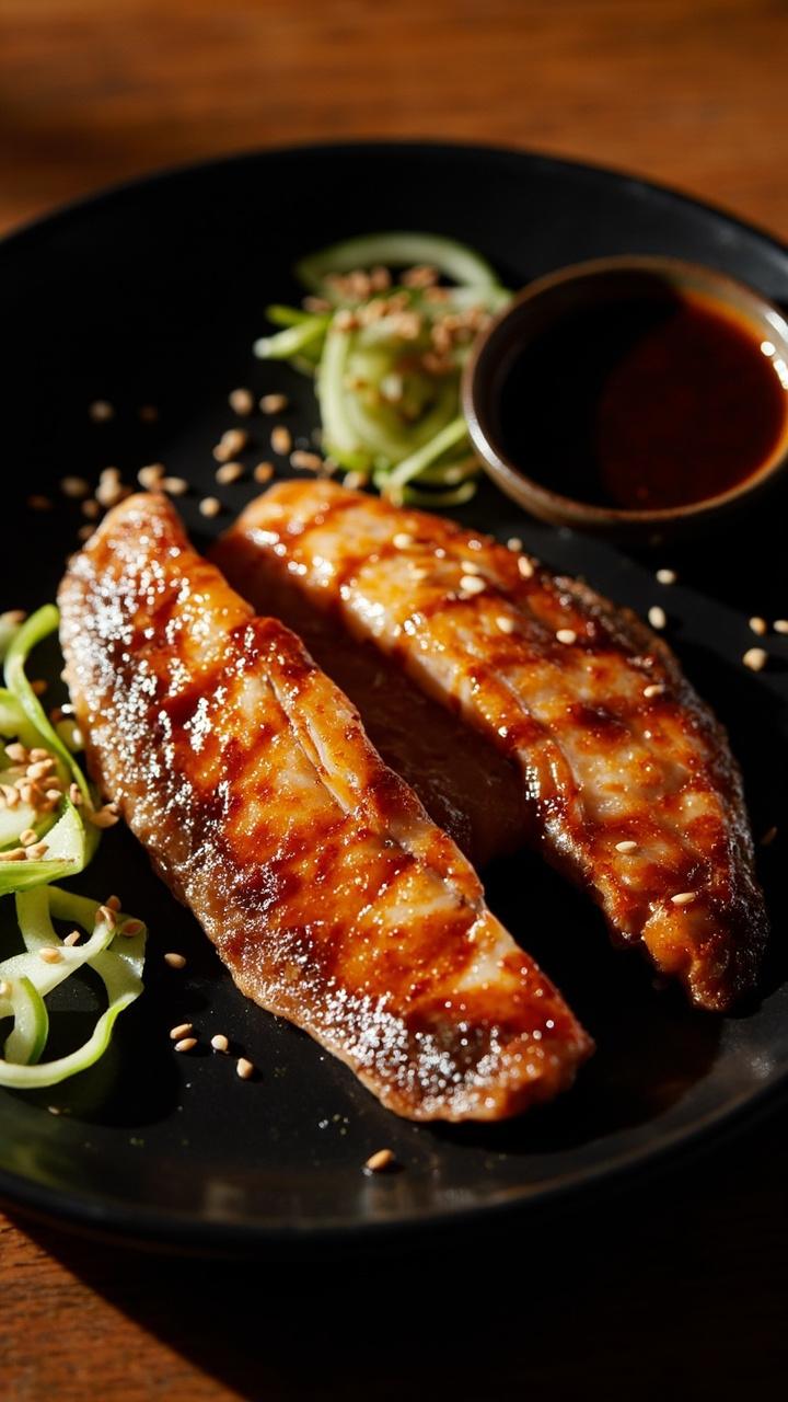 Two glossy gochujang glazed mackerel fillets with charred edges on a black plate, thin cucumber ribbons on the side, sesame seeds sprinkled over top, and a small dish of soy dipping sauce Two glossy gochujang glazed mackerel fillets with charred edges on a black plate, thin cucumber ribbons on the side, sesame seeds sprinkled over top, and a small dish of soy dipping sauce