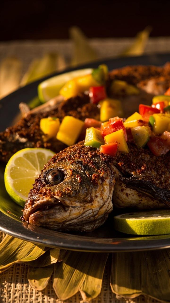 A whole snapper with dark spiced crust on a metal platter, bright mango salsa spooned over one side, lime wedges scattered around, and a palm leaf placemat under the platter A whole snapper with dark spiced crust on a metal platter, bright mango salsa spooned over one side, lime wedges scattered around, and a palm leaf placemat under the platter