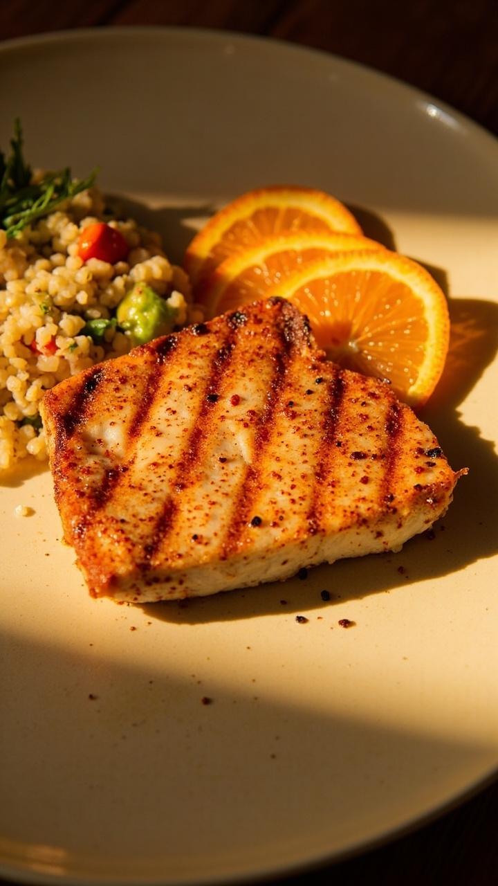 A thick halibut steak with a reddish citrus paprika rub and light grill marks on a pale plate, a small quinoa salad on the side, thin orange slices arranged around, and a sprig of parsley A thick halibut steak with a reddish citrus paprika rub and light grill marks on a pale plate, a small quinoa salad on the side, thin orange slices arranged around, and a sprig of parsley
