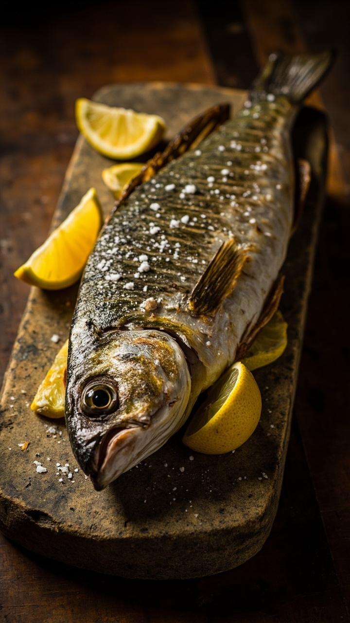 A whole sea bream with crisp skin and simple scoring on a stone platter, lemon wedges scattered, a sprinkle of coarse salt visible, and a rustic cutting board underneath A whole sea bream with crisp skin and simple scoring on a stone platter, lemon wedges scattered, a sprinkle of coarse salt visible, and a rustic cutting board underneath