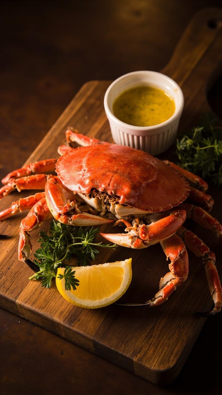 whole steamed Dungeness crab on a wooden board, small ramekin of melted garlic butter, lemon wedge, sprig of parsley whole steamed Dungeness crab on a wooden board, small ramekin of melted garlic butter, lemon wedge, sprig of parsley