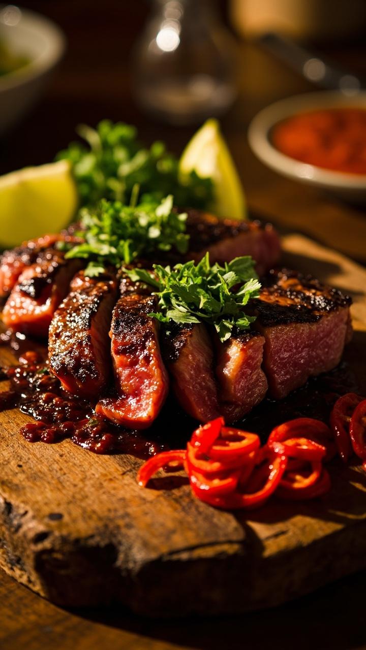 Thick tuna steaks with dark grill stripes, brushed with a red chili-lime glaze, sprinkled with chopped cilantro, served on a rustic wooden board with lime wedges and a small pile of red chili slices. Thick tuna steaks with dark grill stripes, brushed with a red chili-lime glaze, sprinkled with chopped cilantro, served on a rustic wooden board with lime wedges and a small pile of red chili slices.