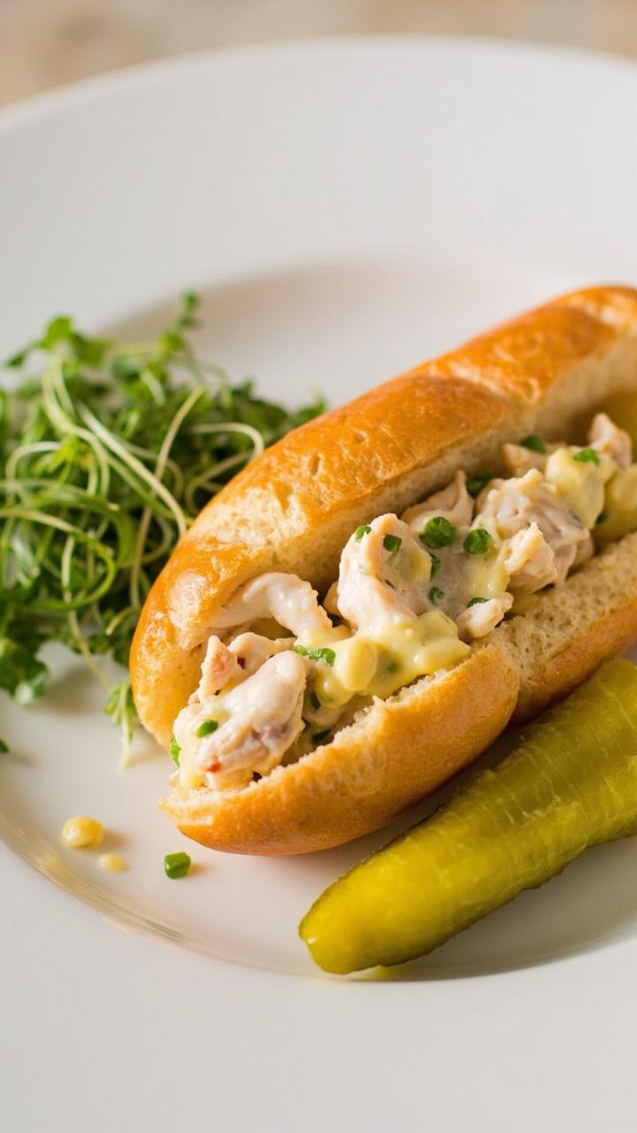 toasted split hot dog roll filled with crab meat tossed in pale mayo, small pile of microgreens, pickle spear on a side plate toasted split hot dog roll filled with crab meat tossed in pale mayo, small pile of microgreens, pickle spear on a side plate