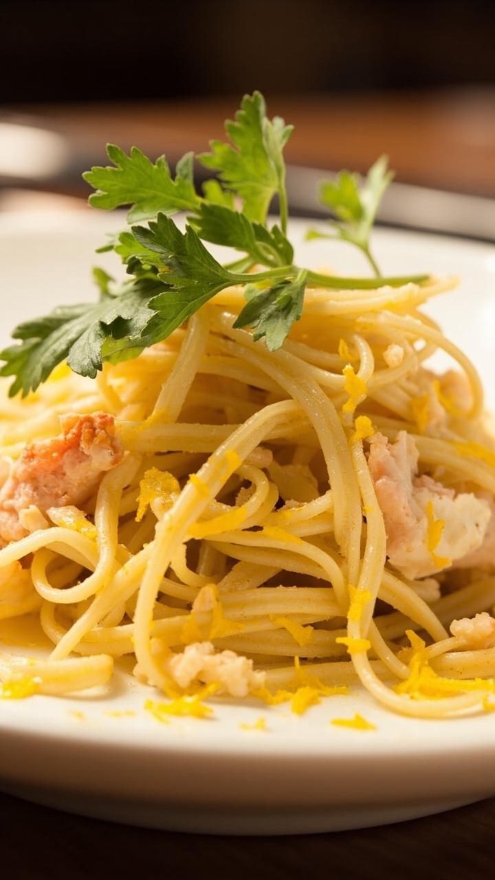 long linguine tossed with flaky crab meat, ribbons of lemon zest, fresh parsley, and a drizzle of olive oil, plated in a shallow white bowl long linguine tossed with flaky crab meat, ribbons of lemon zest, fresh parsley, and a drizzle of olive oil, plated in a shallow white bowl