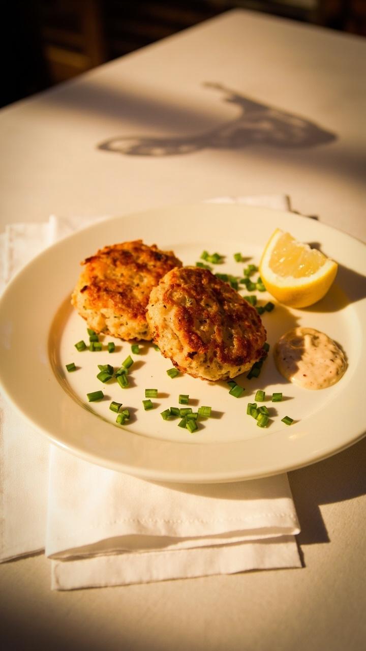 two golden crab cakes on a small plate, dollop of pale remoulade, sprinkle of chopped chives, lemon wedge, linen napkin two golden crab cakes on a small plate, dollop of pale remoulade, sprinkle of chopped chives, lemon wedge, linen napkin
