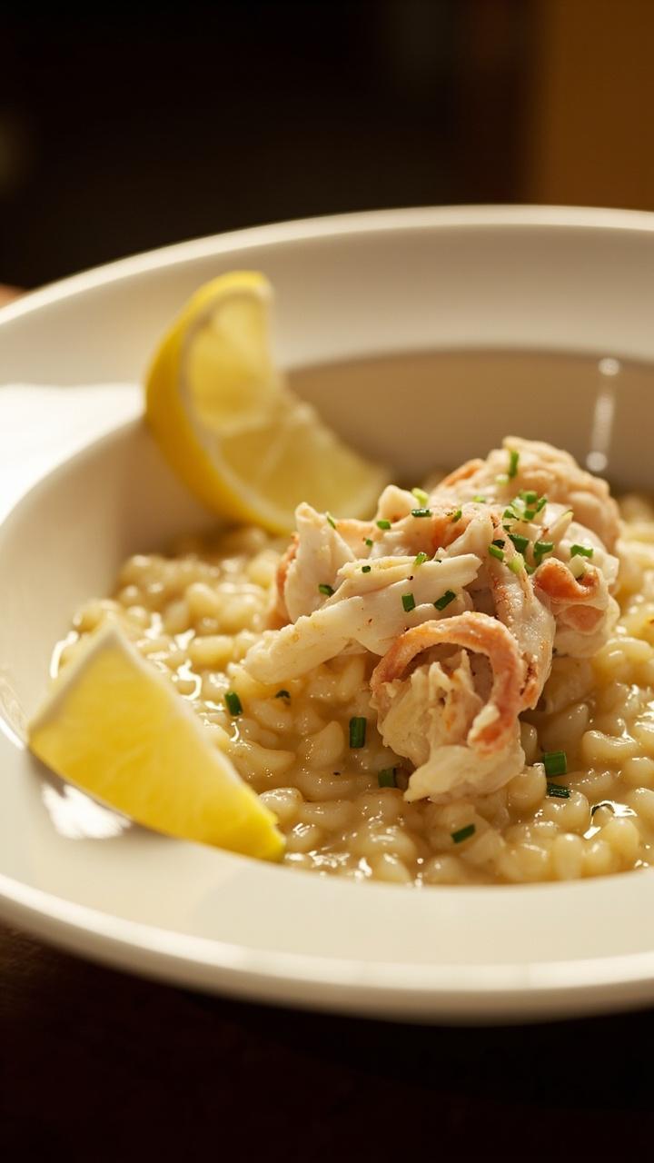 creamy risotto spooned into a shallow bowl topped with flaky crab meat, sprinkle of chopped chives, lemon wedge on the rim creamy risotto spooned into a shallow bowl topped with flaky crab meat, sprinkle of chopped chives, lemon wedge on the rim