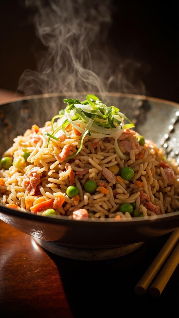 wok tossed fried rice with visible crab flakes, peas, carrot dice, sliced scallions on top, served in a shallow bowl with chopsticks wok tossed fried rice with visible crab flakes, peas, carrot dice, sliced scallions on top, served in a shallow bowl with chopsticks