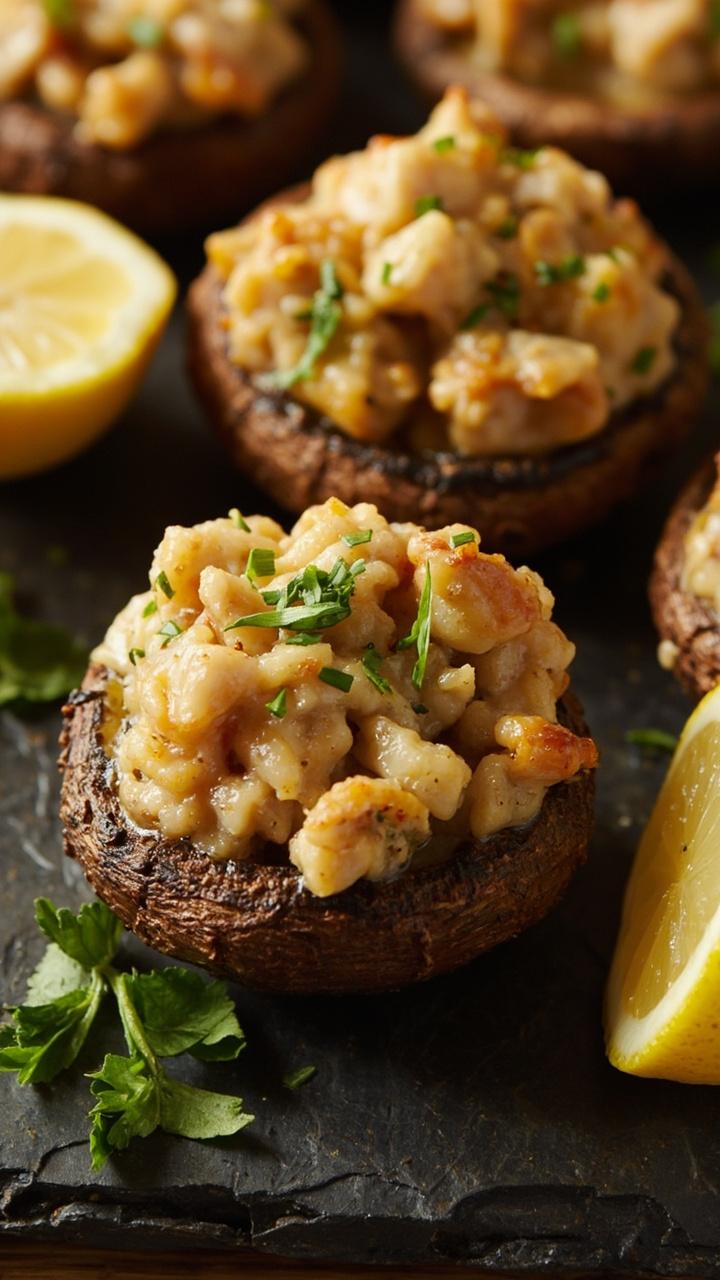 baked mushroom caps filled with golden crab stuffing on a slate board, sprinkle of chopped parsley, lemon wedge at the side baked mushroom caps filled with golden crab stuffing on a slate board, sprinkle of chopped parsley, lemon wedge at the side