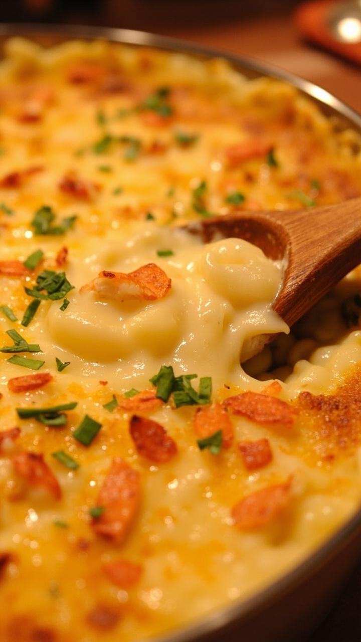 bubbly baked mac and cheese in a shallow casserole dish with crab flakes on top, golden browned crust, sprinkle of chopped parsley, wooden spoon bubbly baked mac and cheese in a shallow casserole dish with crab flakes on top, golden browned crust, sprinkle of chopped parsley, wooden spoon