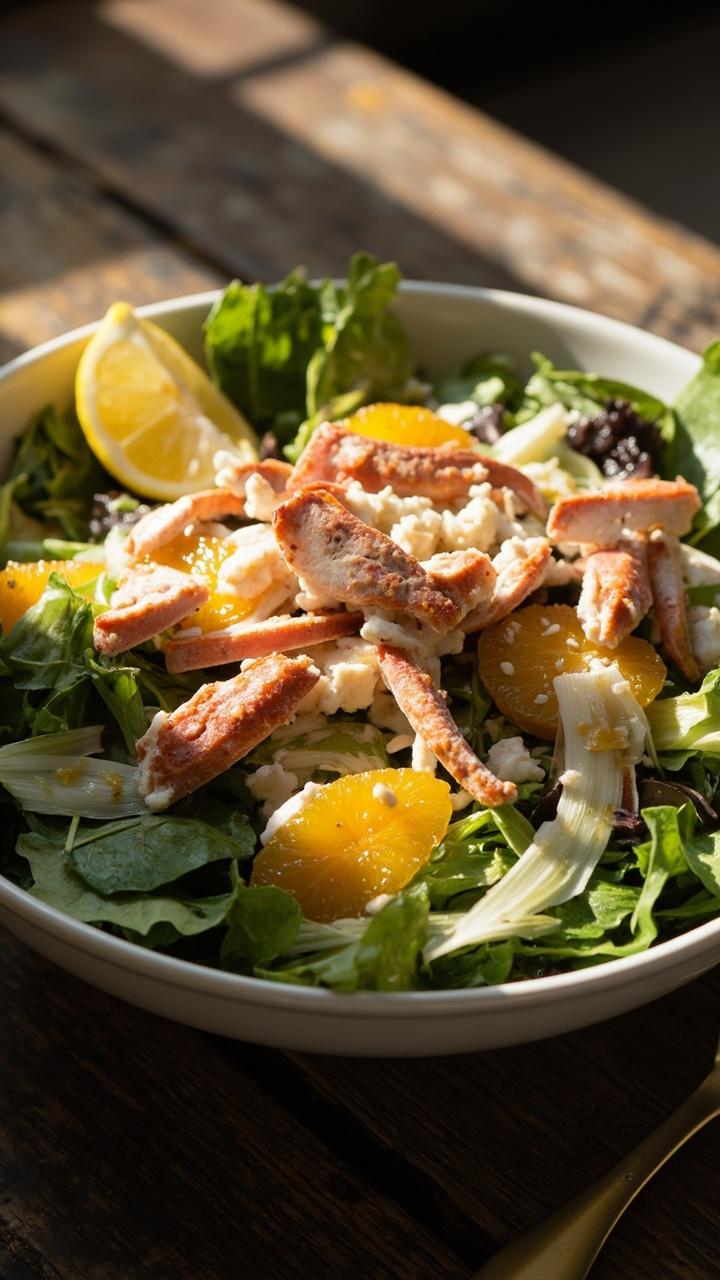 bowl of mixed greens topped with large flakes of crab, orange segments, thinly sliced fennel, drizzle of light vinaigrette, lemon slice on rim bowl of mixed greens topped with large flakes of crab, orange segments, thinly sliced fennel, drizzle of light vinaigrette, lemon slice on rim