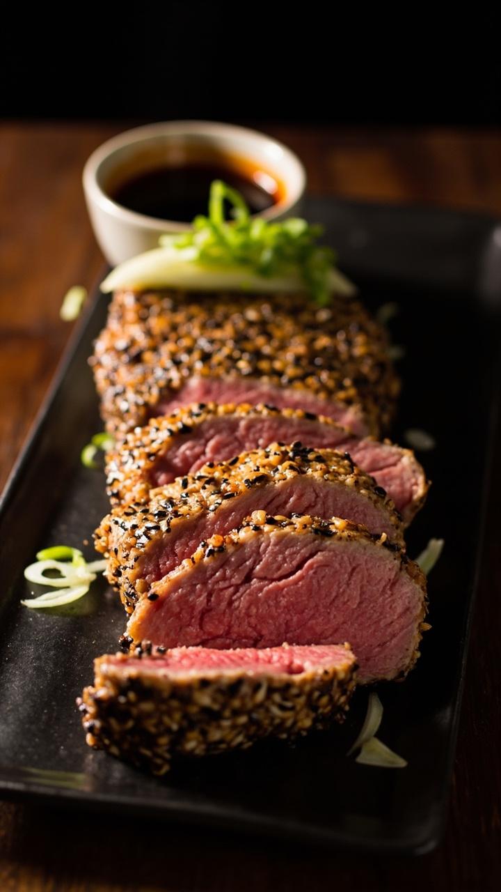 A sesame-crusted tuna steak sliced into thick strips, seared golden on the outside, pink inside, arranged on a dark rectangular plate with a small bowl of soy sauce and sprinkles of sliced green onion. A sesame-crusted tuna steak sliced into thick strips, seared golden on the outside, pink inside, arranged on a dark rectangular plate with a small bowl of soy sauce and sprinkles of sliced green onion.