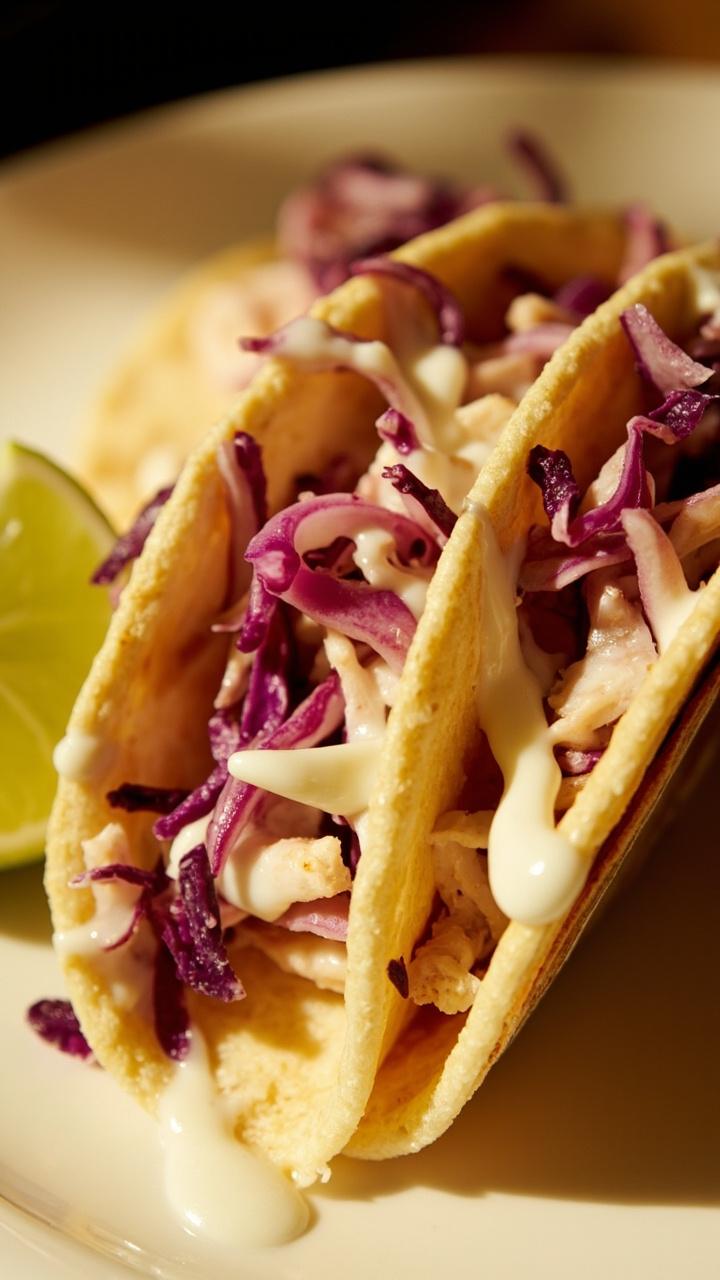 soft corn tortillas filled with crab meat, shredded purple cabbage slaw, drizzle of pale crema, lime wedge on a small plate soft corn tortillas filled with crab meat, shredded purple cabbage slaw, drizzle of pale crema, lime wedge on a small plate
