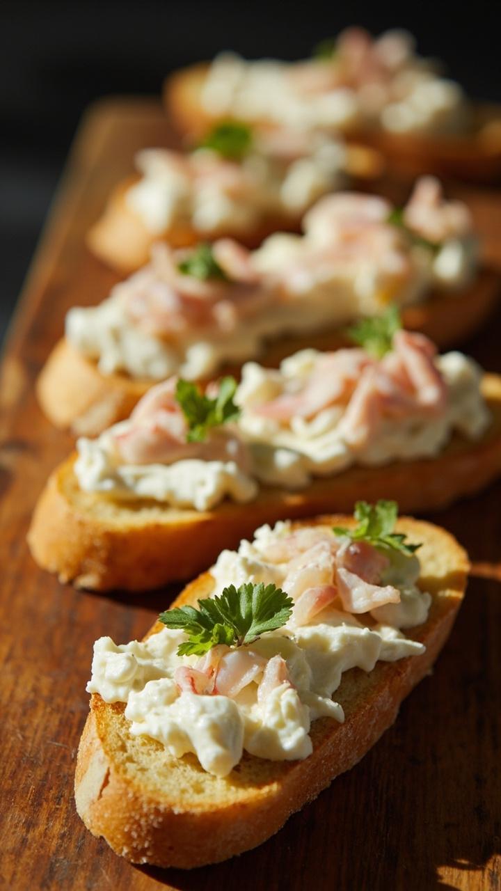 toasted baguette slices spread with pale lemon ricotta topped with crab flakes and a small herb leaf, arranged on a wooden board toasted baguette slices spread with pale lemon ricotta topped with crab flakes and a small herb leaf, arranged on a wooden board