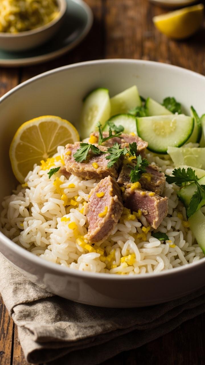 A deep white bowl with fluffy white rice topped with flaky tuna mixed with lemon zest and olive oil, sliced cucumber on one side, chopped parsley scattered, and a lemon wedge on the rim, wooden table, linen napkin