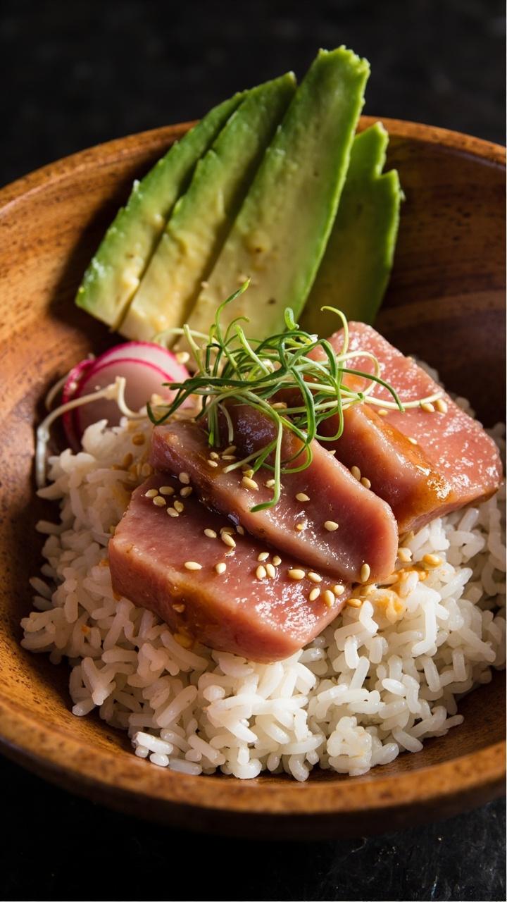 A shallow wooden bowl with sticky white rice topped with tuna mixed with soy sauce and sesame oil, sliced avocado fan on one side, radish slices arranged in a small cluster, sesame seeds and microgreens scattered