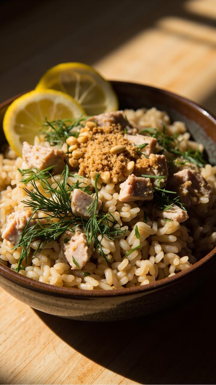 A deep ceramic bowl with warm brown rice topped with flaked tuna mixed with chopped dill and parsley, lemon slices tucked to one side, a scatter of toasted pine nuts on top, light wooden table