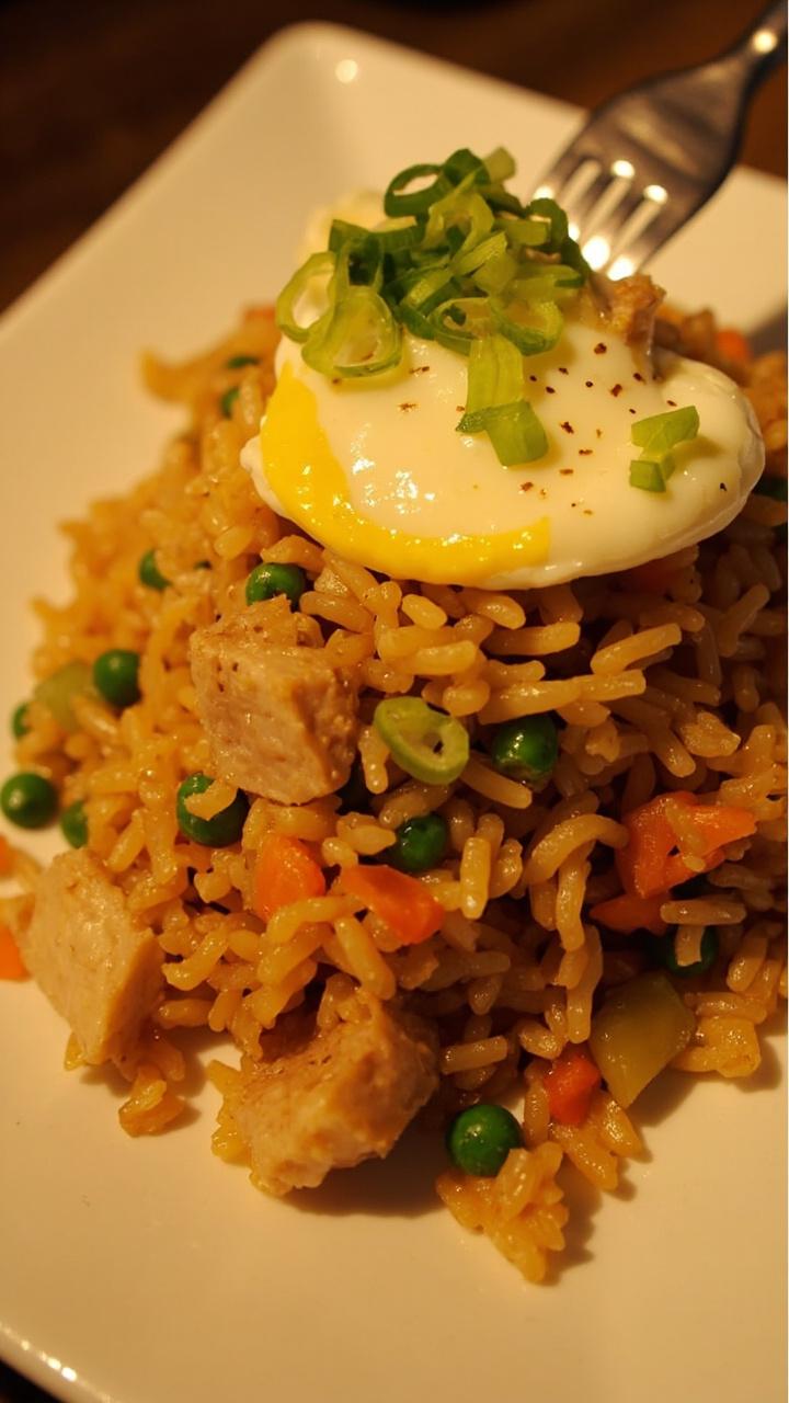 A shallow white plate with golden fried rice speckled with peas and carrots, flaked tuna mixed in, a soft scrambled egg on top broken open slightly, chopped scallions sprinkled, metal fork on the side