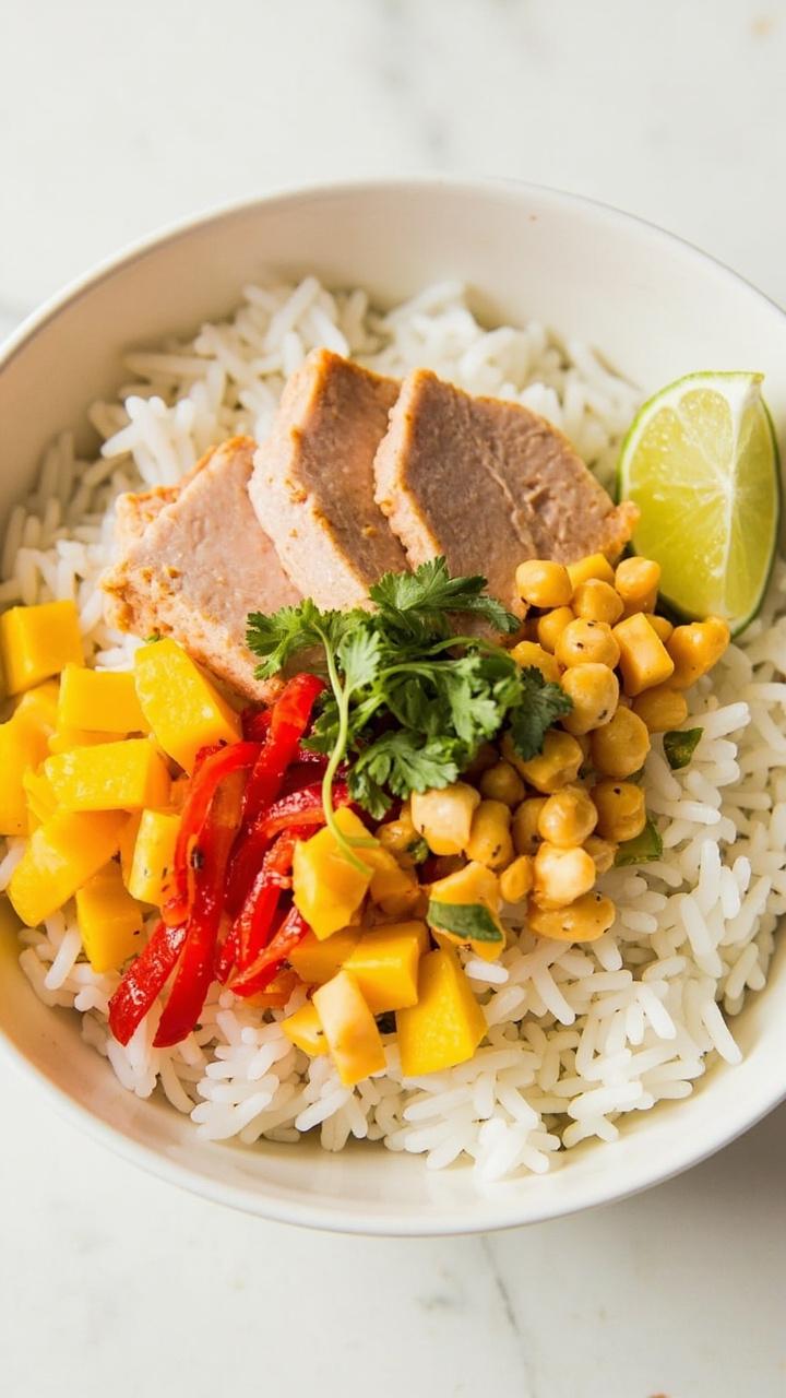 A round white bowl with jasmine rice topped with flaked tuna, diced ripe mango in one quadrant, thinly sliced red bell pepper, small pile of chopped cilantro, lime wedge on the rim