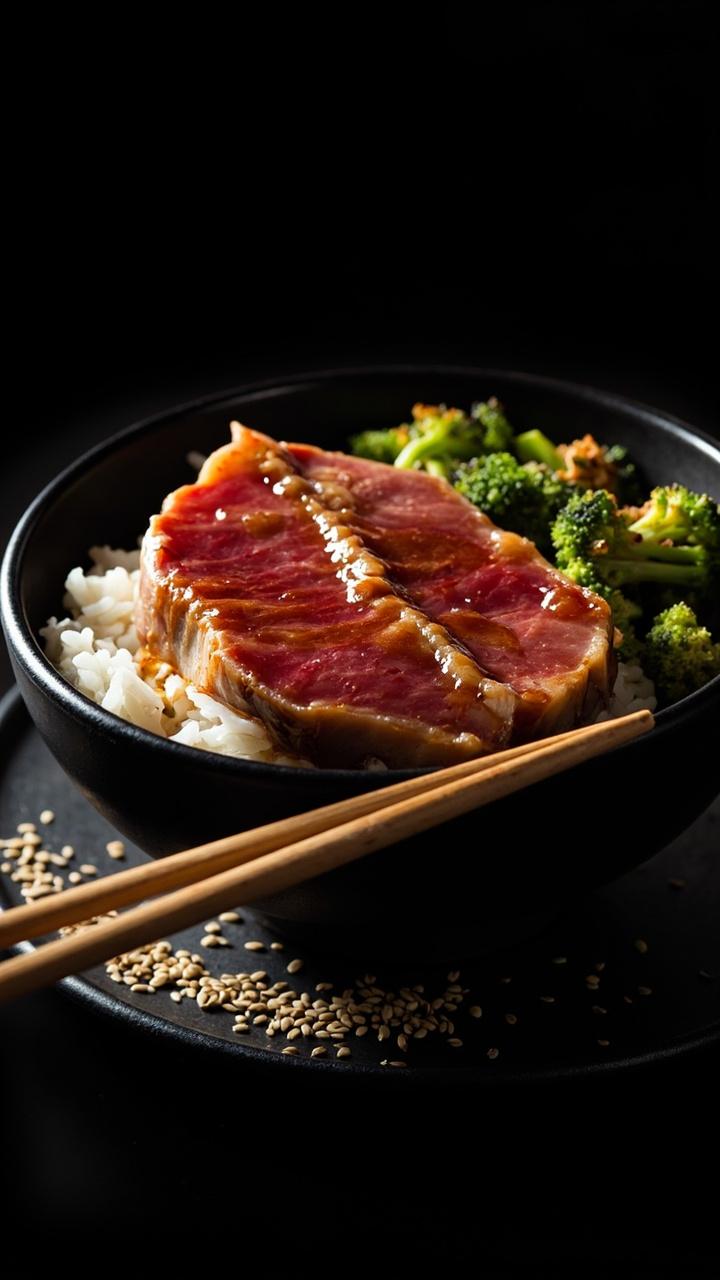 A deep black bowl with steamed rice topped with tuna coated in glossy teriyaki sauce, sautéed broccoli florets on one side, toasted sesame seeds scattered, chopsticks resting across the bowl