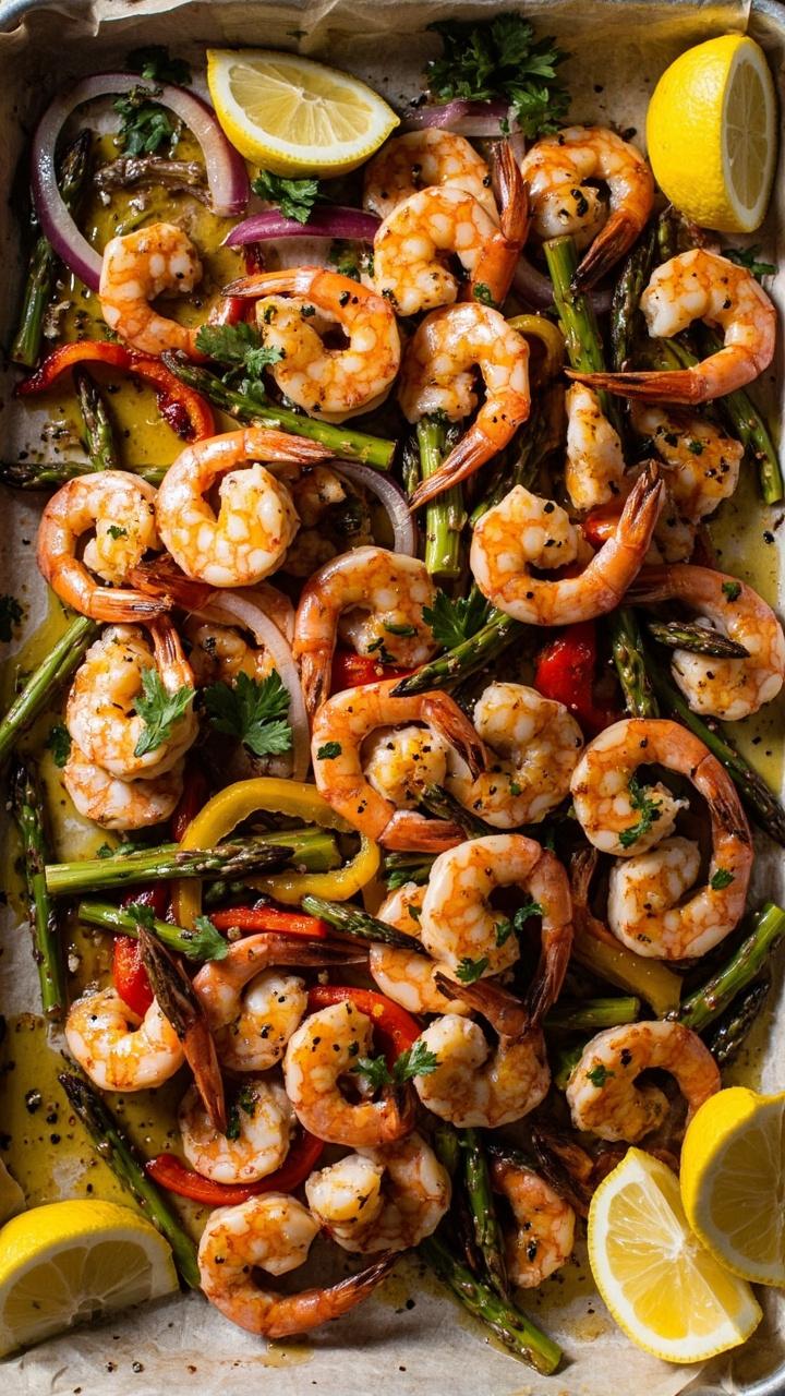 A parchment-lined baking sheet filled with roasted shrimp, asparagus spears, sliced bell peppers, and red onion, glistening with olive oil and scattered with chopped parsley and lemon wedges.