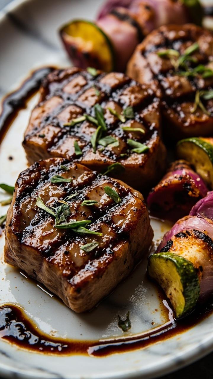 Grilled tuna steaks with charred grill marks, topped with chopped rosemary and thyme, surrounded by short skewers of grilled vegetables (zucchini, red onion), on a marble platter with a drizzle of balsamic glaze. Grilled tuna steaks with charred grill marks, topped with chopped rosemary and thyme, surrounded by short skewers of grilled vegetables (zucchini, red onion), on a marble platter with a drizzle of balsamic glaze.