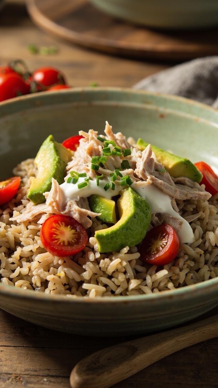 A pale green bowl with brown rice topped with chunks of avocado and flaked tuna mixed with a light yogurt dressing, halved cherry tomatoes around the edge, chopped chives sprinkled on top, wooden spoon beside