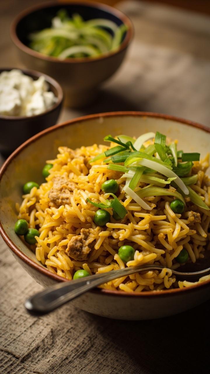 A ceramic bowl with basmati rice tinted lightly yellow from curry, flaked tuna mixed with curry powder and peas, sliced green onion on top, a small bowl of plain yogurt on the side, linen placemat
