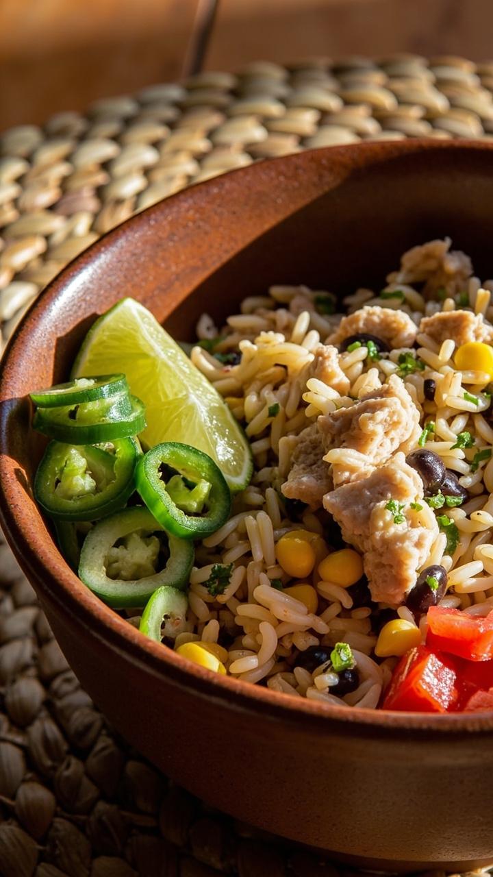 A stoneware bowl with cilantro lime rice, flaked tuna mixed with black beans and corn, diced tomato and sliced jalapeo on the side, lime wedge perched on the rim, woven placemat beneath