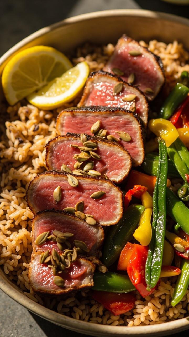 A wide bowl with nutty brown rice topped with flaked tuna and a colorful medley of sautéed bell peppers zucchini and snap peas, lemon wedge to the side, sprinkling of toasted sunflower seeds on top