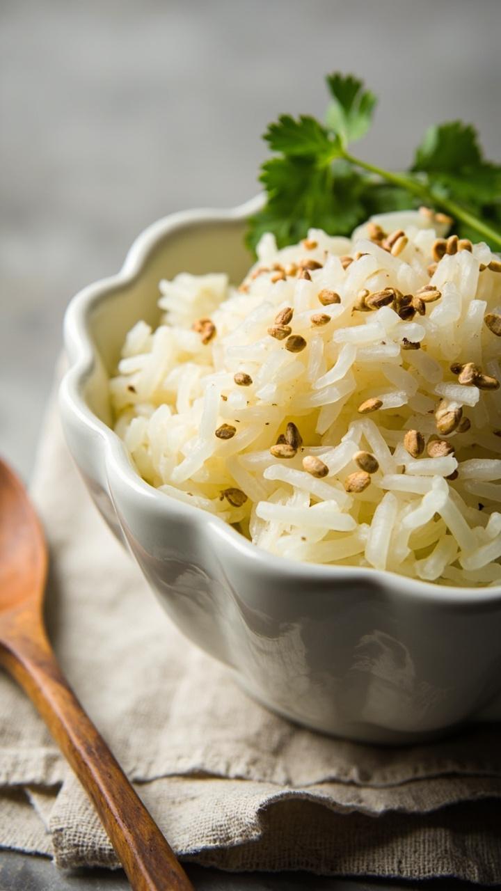 Fluffy pale rice with light brown toasted cumin seeds scattered on top, served in a shallow white ceramic bowl, small sprig of cilantro on the rice, wooden spoon on the side, neutral linen napkin underneath. Fluffy pale rice with light brown toasted cumin seeds scattered on top, served in a shallow white ceramic bowl, small sprig of cilantro on the rice, wooden spoon on the side, neutral linen napkin underneath.