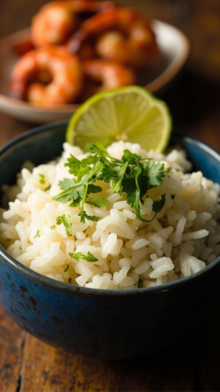 Creamy white rice with a glossy sheen, flecks of lime zest and chopped cilantro, served in a deep blue bowl, wedge of lime on the rim, small dish of grilled shrimp nearby. Creamy white rice with a glossy sheen, flecks of lime zest and chopped cilantro, served in a deep blue bowl, wedge of lime on the rim, small dish of grilled shrimp nearby.