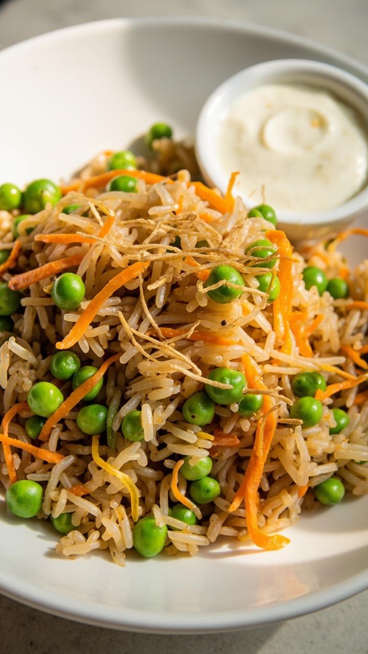 Long fragrant rice studded with bright green peas and thin orange carrot ribbons, light golden fried onions on top, served in a white bowl with a small ramekin of yogurt at the side. Long fragrant rice studded with bright green peas and thin orange carrot ribbons, light golden fried onions on top, served in a white bowl with a small ramekin of yogurt at the side.