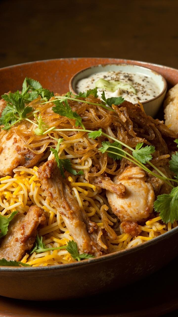 Layered rice with golden browned chicken pieces peeking through, saffron streaks and fried onions on top, served in a deep metal or ceramic dish, fresh cilantro and mint scattered, small bowl of cooling raita beside it. Layered rice with golden browned chicken pieces peeking through, saffron streaks and fried onions on top, served in a deep metal or ceramic dish, fresh cilantro and mint scattered, small bowl of cooling raita beside it.