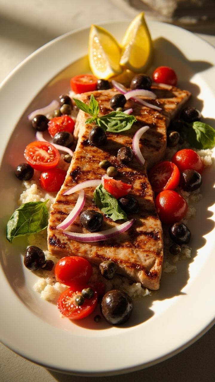 Grilled tuna steak topped with a mixture of cherry tomatoes, black olives, diced red onion, and capers, served on a white oval platter bordered by lemon wedges and fresh basil leaves. Grilled tuna steak topped with a mixture of cherry tomatoes, black olives, diced red onion, and capers, served on a white oval platter bordered by lemon wedges and fresh basil leaves.