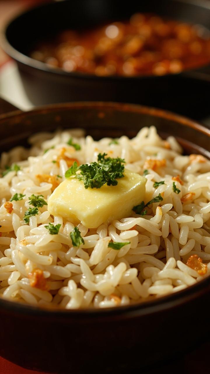 Glossy white rice with tiny golden garlic bits and a pat of melting butter in the center, sprinkled with chopped parsley, served in a deep bowl with a cast iron skillet in the background. Glossy white rice with tiny golden garlic bits and a pat of melting butter in the center, sprinkled with chopped parsley, served in a deep bowl with a cast iron skillet in the background.