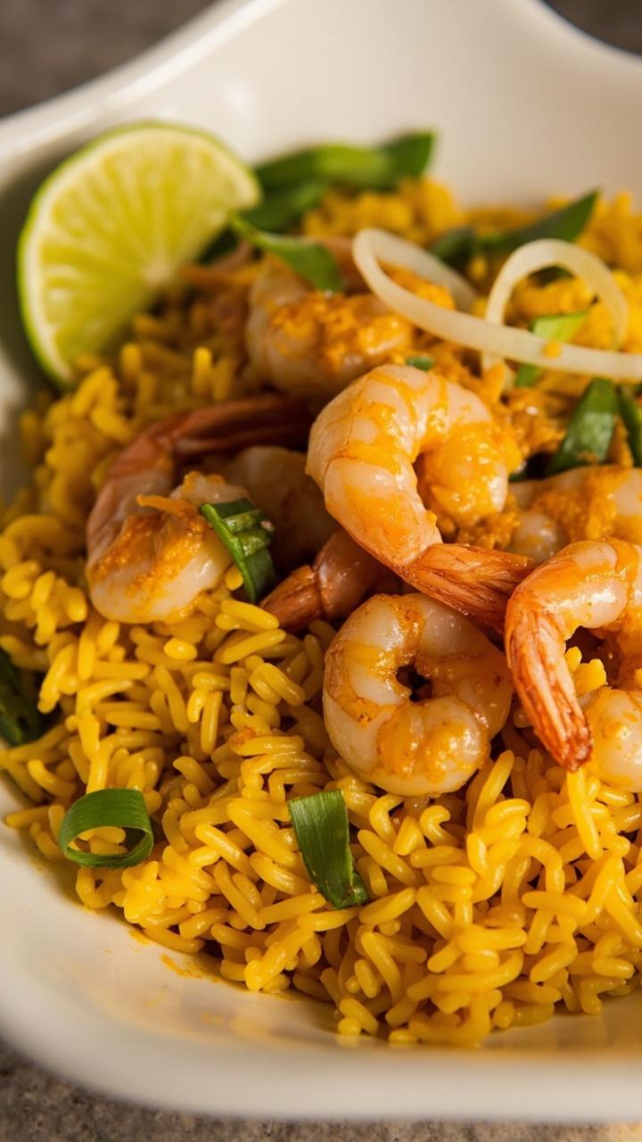 Vibrant yellow rice with flecks of turmeric, pink sautéed shrimp nestled on top, scallion slices and lime wedge on the rim, served on a white shallow plate. Vibrant yellow rice with flecks of turmeric, pink sautéed shrimp nestled on top, scallion slices and lime wedge on the rim, served on a white shallow plate.