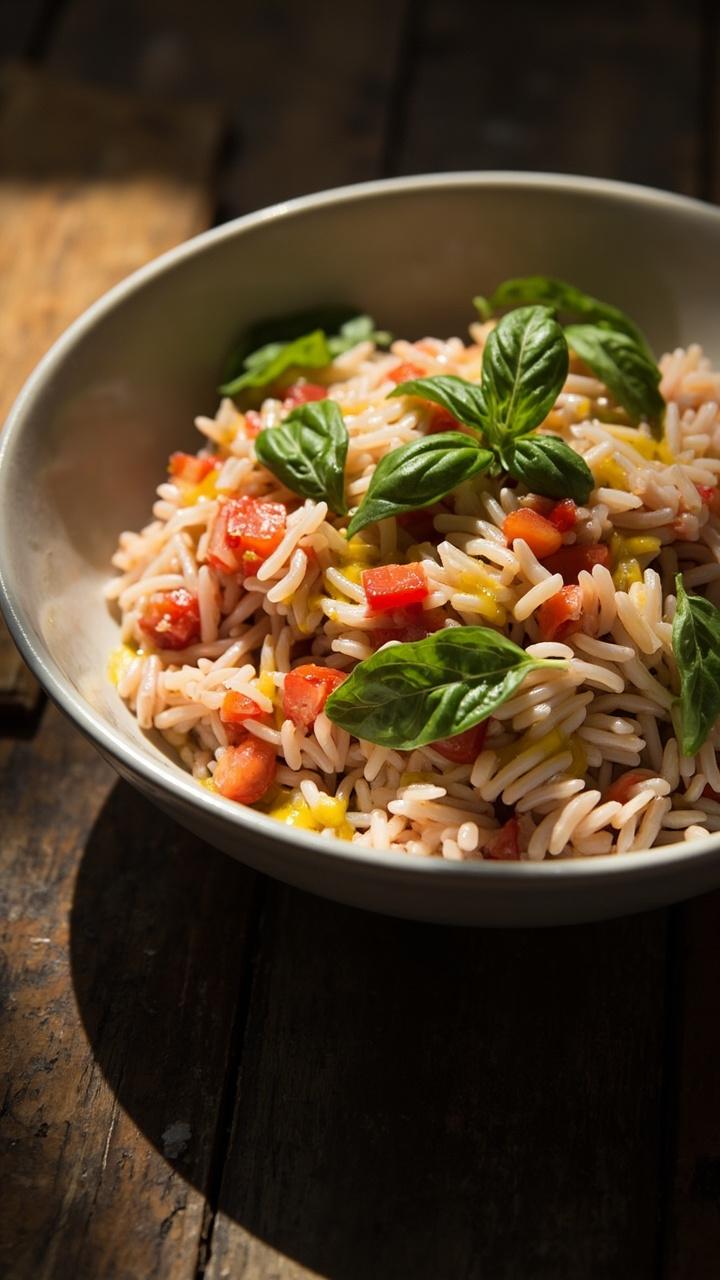 Light pinkish rice with visible tomato pieces and green basil leaves, served in a rustic white bowl, drizzle of olive oil and a fresh basil leaf on top, weathered wooden table beneath. Light pinkish rice with visible tomato pieces and green basil leaves, served in a rustic white bowl, drizzle of olive oil and a fresh basil leaf on top, weathered wooden table beneath.