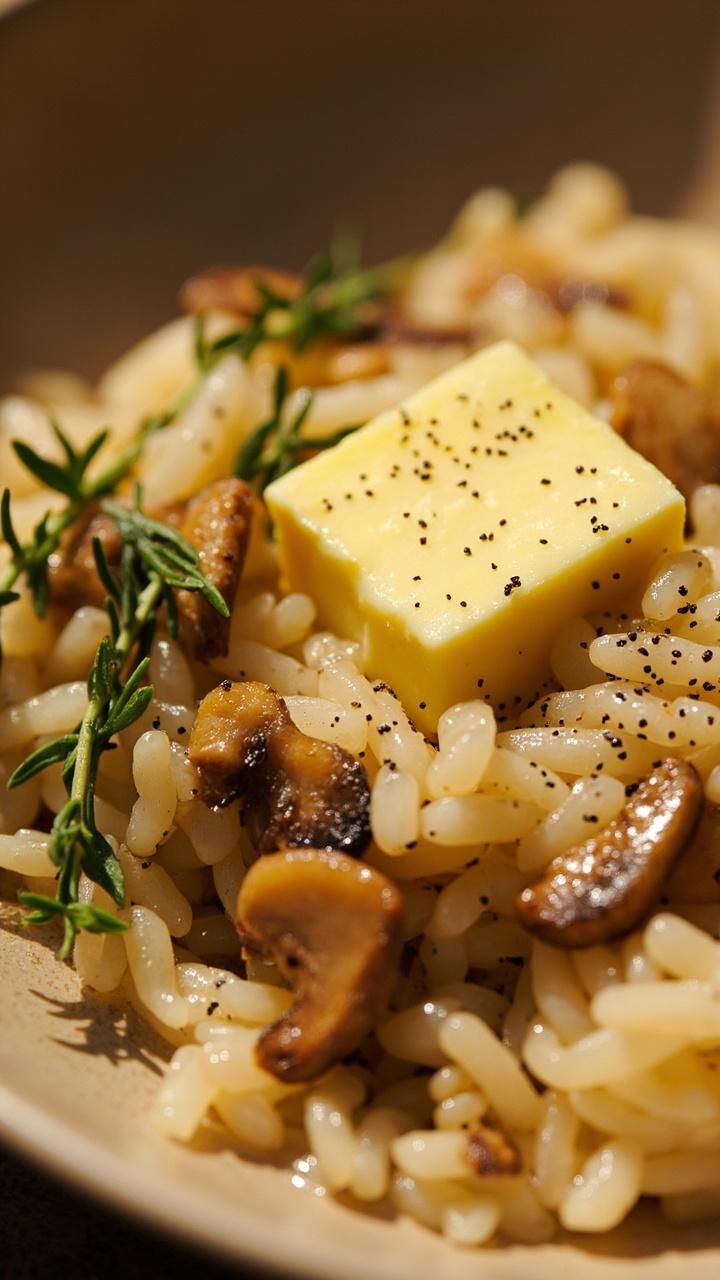 Creamy-looking rice with sautéed golden mushrooms and fresh thyme sprigs, served in a shallow, wide bowl, sprinkle of cracked black pepper and a small butter pat melting. Creamy-looking rice with sautéed golden mushrooms and fresh thyme sprigs, served in a shallow, wide bowl, sprinkle of cracked black pepper and a small butter pat melting.